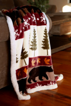 Southwestern Tall Pine Sherpa Plush Fur Throw Blanket Cozy Log Cabin Black Bear - £29.86 GBP