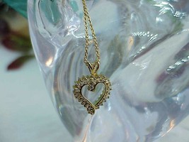 Sterling .25ct Diamond Heart Pendant 18&quot; Necklace Yellow Gold Clad Vintage - £55.38 GBP