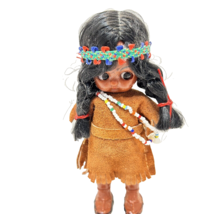 Vintage Native American Plastic Doll Leather Dress Beads Braids Sleepy Eye 6&quot; - £8.68 GBP