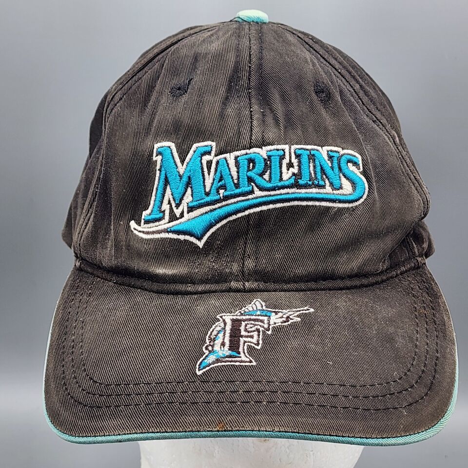 Vintage Florida Marlins Black StrapBack Hat Drew Pearson 1990s Retro Emb... - $19.34