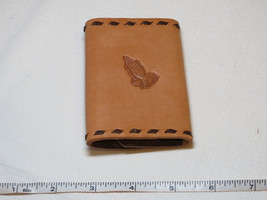 Handmade leather key holder tan to lite brown 3.75&quot; X 2.5&quot; Praying hands - $12.86