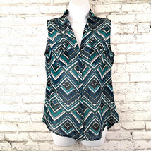 New York &amp; Company Womens Blouse Small Blue Geometric Sheer Sleeveless Button Up - £13.96 GBP