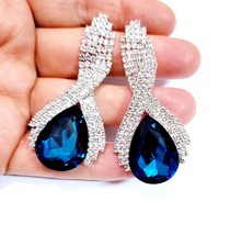 Pageant Drop Earrings, Rhinestone Crystal Earrings, 2.6 inch Teal Blue Chandelie - £26.84 GBP