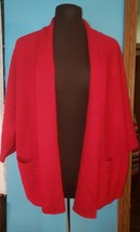 Chicos Sz L 100% Wool Red Open Front Cardigan Sweater Jacket Pockets Short 3/4 - £51.07 GBP