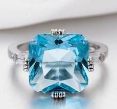 3Ct Cushion Simulated Aquamarine CZ Solitaire Wedding Ring 925 Sterling Silver - £91.63 GBP