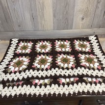 Granny Square Crochet Baby Blanket - VTG  Handmade 36x28” Brown Pink White Green - £14.41 GBP