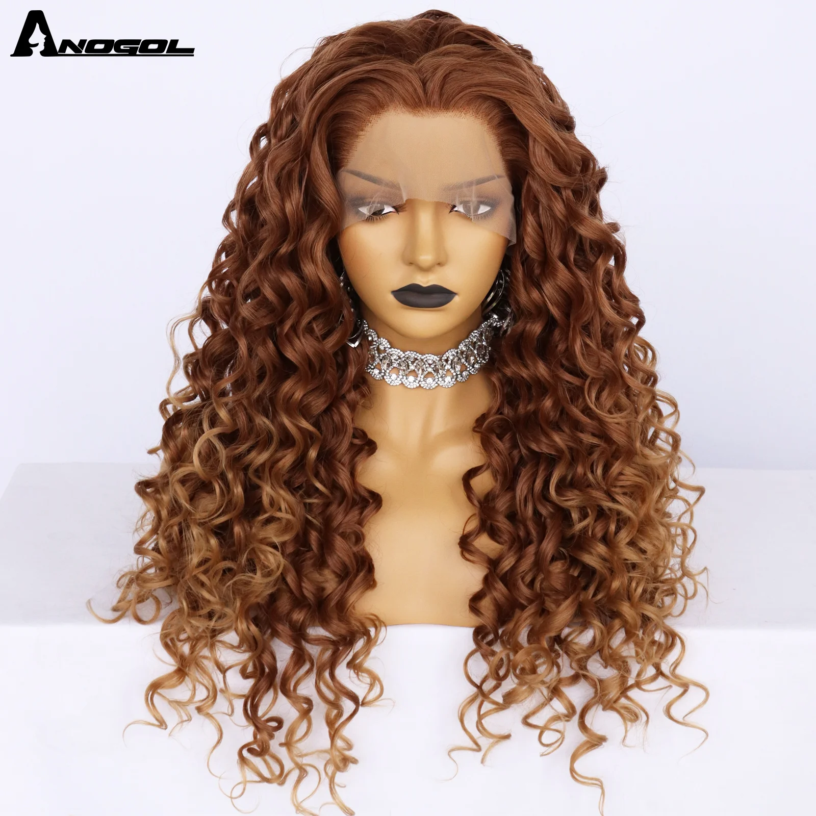 ANOGOL 13x2Inch Afro Curly 24Inch Kinky Wave Brown Pink Heat Resistant Synthetic - £30.78 GBP+