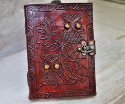Leather Journal with lock owl Embossed Gem Stone Handmade Leather Diary Notebook - £20.03 GBP