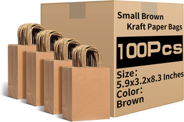 RACETOP Small Brown Kraft Paper Bags with Handles Bulk, 5.9&quot;X3.2&quot;X8.3&quot; 100Pcs Sm - £21.85 GBP