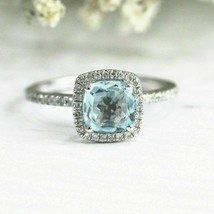 2Ct Cushion Cut Blue Aquamarine Diamond Halo Engagement Ring 14k White Gold Over - £82.22 GBP