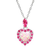 1 ct Opal &amp; Pink Sapphire Heart Pendant 14K White Gold GP Silver Summer Sale - £54.78 GBP