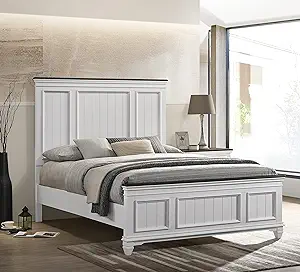 Roundhill Furniture Clelane Shiplap Wood Panel Bed, Queen, Weathered Whi... - $1,235.99