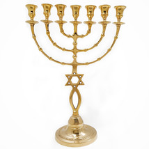 Gold Plated Jewish Candle Holder 7 Branched with Star of David 15,7 inch brass - £146.39 GBP