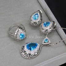 CWWZircons Fashion Water Drop Shape Necklace Earring Ring Light Blue Austrian Cr - £17.13 GBP