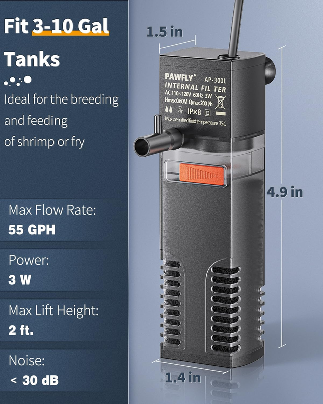 Pawfly Internal Aquarium Filter, Submersible Power Filter with 55 GPH Water Pump Item image 2