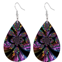 Double Sided PU Leather Teardrop Dangle Earrings - New - Purple Flower - $14.99