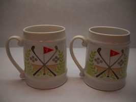 VINTAGE Set of 2 Golf BEER STEINS Ceramic WHITE Hole 7 FLAG Clubs LEAVES... - £22.84 GBP