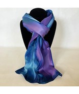 Hand Painted Silk Scarf Purple Blue Women Unique Head Neck Wrap Abstract... - $56.00