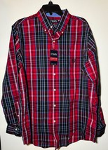 Chaps Mens Large Red/Blue Plaid Button Down Long Sleeve Easy Care Stretch Shirt - £19.93 GBP