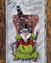 Halloween Postcard Fantasy Seated Witch Black Cat Blue Bow Tie H M Rose TRG 1909 - £154.62 GBP