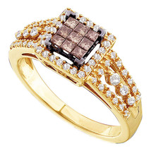 14k Yellow Gold Womens Princess Brown Color Enhanced Diamond Square Cluster Ring - £610.82 GBP