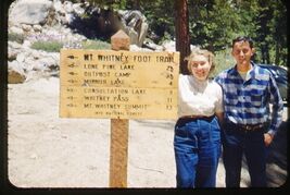 35 mm color slide * 1952 Mt. Whitney FOOT TRAIL SIGN with couple next to it - $5.45