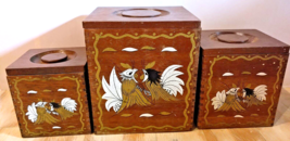Vintage Japan Canister Box Wood Brown Lot Of 3 Square Imperial Fighting Roosters - £27.20 GBP