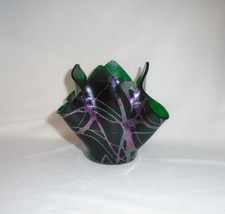 Handkerchief Dichroic Glass Vase Ribbon Vintage Dark Green Blown Glass - £19.71 GBP