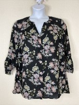 Terra &amp; Sky Womens Plus Size 0X Black Floral Concealed Button Blouse 3/4 Sleeve - £8.09 GBP