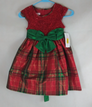 NWT Bonnie Jean Red Sequined Taffeta Plaid Dress With Green Bow Size 6 - $19.39