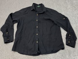 Lauren Ralph Lauren Shirt Womens XL Black Blouse Button Up Linen Roll Ta... - $29.69