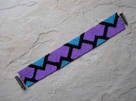 Bracelet: Turquoise, Purple, &amp; Black Geometric Motif, Peyote Stitch, Tube Clasp - £31.10 GBP