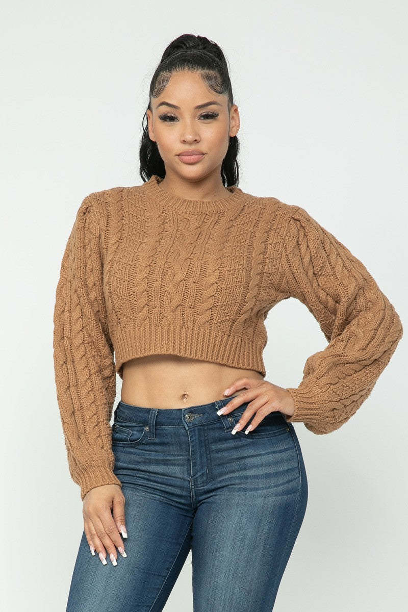 Primary image for Mocha Brown Cropped Long Sleeve Cable Pullover Sweater Top