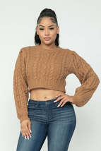 Mocha Brown Cropped Long Sleeve Cable Pullover Sweater Top - £19.95 GBP