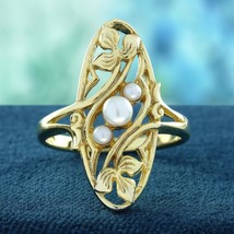 9K Yellow Gold Natural Triple Pearl Vintage Style Cocktail Ring - £676.01 GBP