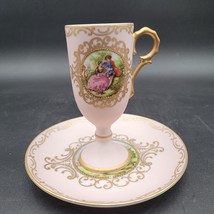 Antique Samson &amp; Co. Paris France Courting Couple Pink Porcelain Cup &amp; Saucer - £78.68 GBP