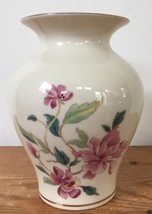 Vintage Lenox USA Made Pink Lillies Floral Cream White Gold Rimmed 5.75&quot; Vase  - £31.46 GBP