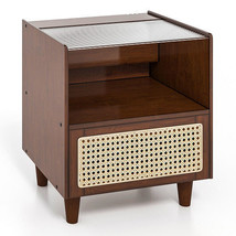 Bamboo Rattan Nightstand with Drawer and Solid Wood Legs-Brown - £103.22 GBP