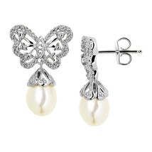 Sterling Silver Butterfly Freshwater Cultured Pearl Drop Earrings with D... - $741.26 MXN