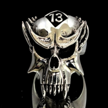 Sterling silver Skull ring 13 Outlaw symbol on Vampire Skull high polished and a - £83.93 GBP