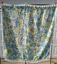 Swanky MoD 1970&#39;s Colorful Floral &amp; Butterfly Cotton Tablecloth w/ Pom Pom Trim - £45.68 GBP