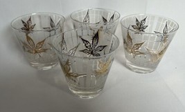 Vintage Gold Leaf Striped Frosted Lowball Glasses Barware 3.5” Lot Of 4 - £23.01 GBP