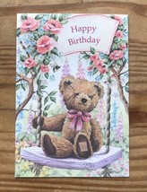 Vintage Teddy Bear On Swing Surrounded By Flowers Birthday Card Cottagecore - $3.96