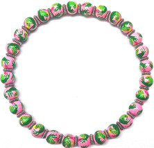 NEW IN POUCH ANGELA MOORE PINK BEADED NECKLACE WITH GREEN FROGS - £39.10 GBP