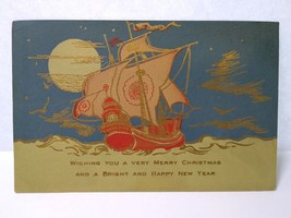 Christmas Greeting Card Sailing Pirate Ship Boat On Ocean Seas Big Moon Vintage - £11.55 GBP