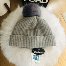 Portolano Cashmere &amp; Faux Fur Pompom Beanie Hat, Gray, One Size, Luxurious, NWT - £52.01 GBP