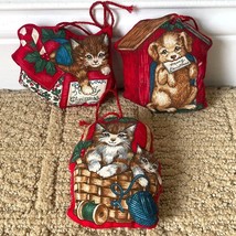 3 Vtg Puppy Kitten Cat Pillow Fabric Ornaments 2-Sided Hand Sewn Cute Adorable - £8.79 GBP