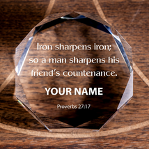 Proverbs 27:17 Iron Sharpens Iron Octagonal Crystal Puck Personalized Christian  - £51.63 GBP