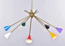 Classic Italian Stilnovo Brass Seven Arm Fixture with Multi Color Cone Arm Light - £159.11 GBP