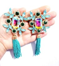 Oversized Chandelier Earrings, Rhinestone Clip On Earrings, Turquoise Drop Pagea - £47.45 GBP